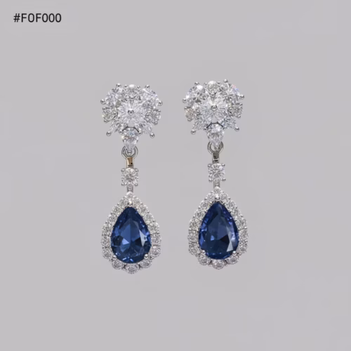 Pendientes colgantes plateados azul con flores de circonio