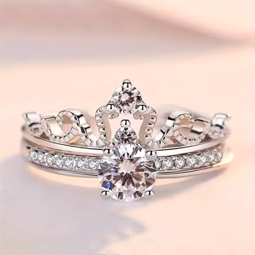 Anillo de corona Lys ajustable chapado en plata con cristales (son dos anillos en uno y es plateado)