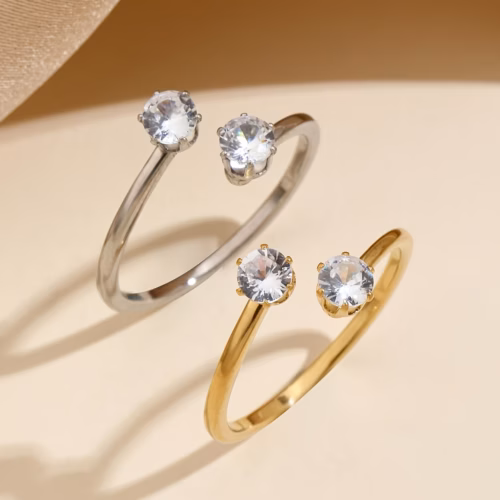Set de Anillos Minimalistas Eira con Doble Cabeza en Acero Inoxidable y Estrás