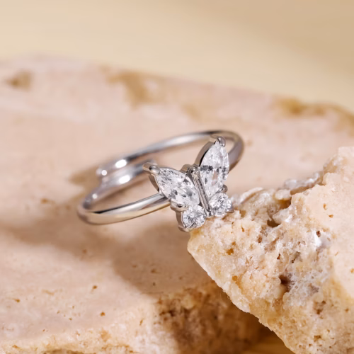 Anillo Mariposa de Acero Inoxidable Plateado y Circonitas Brillantes (Ajustable)