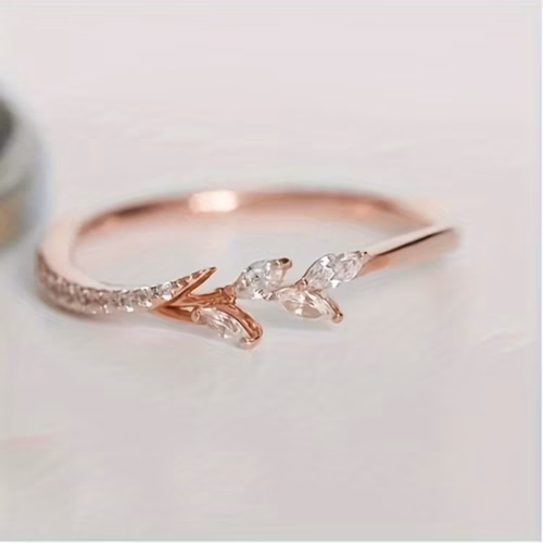 Anillo Lira con diseño de hoja y zirconia brillante (talle5) Oro rosa