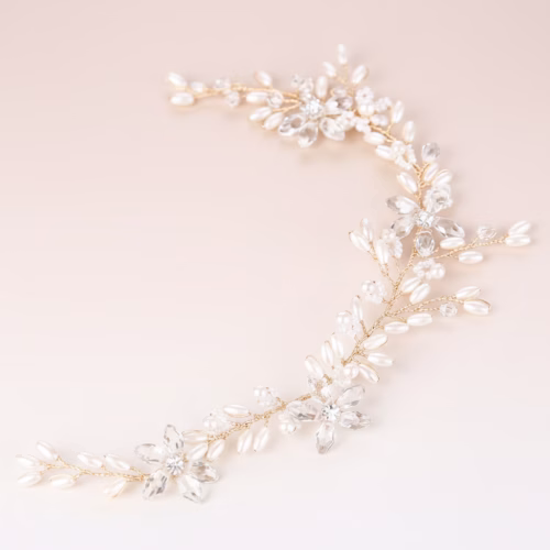 Diadema nupcial Elara dorada elegante hecha a mano