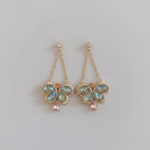 Aretes Mariposa Selene Vintage con Gotas Verde Dorado